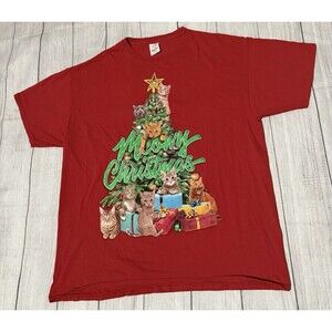 Meowy Christmas Cat Tree Red T-Shirt Crazy Cute Dec 25th Size XL